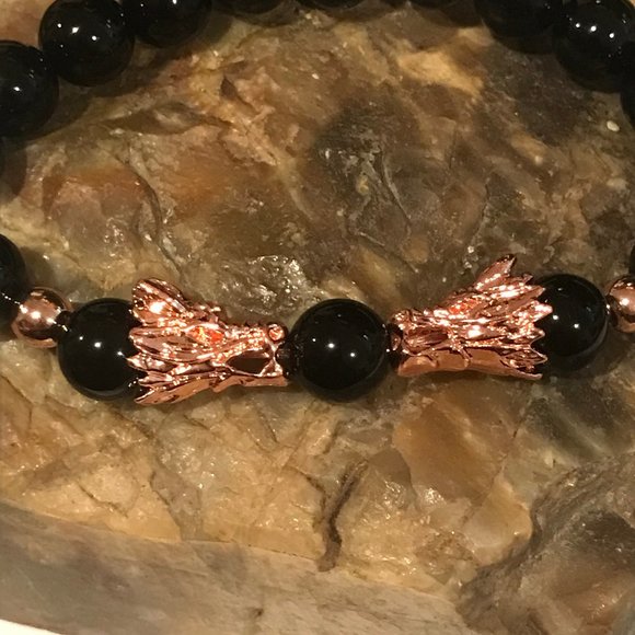 Men's Rose Gold Twin Dragon Bracelet Genuine Black Agate - Picture 2 of 3
